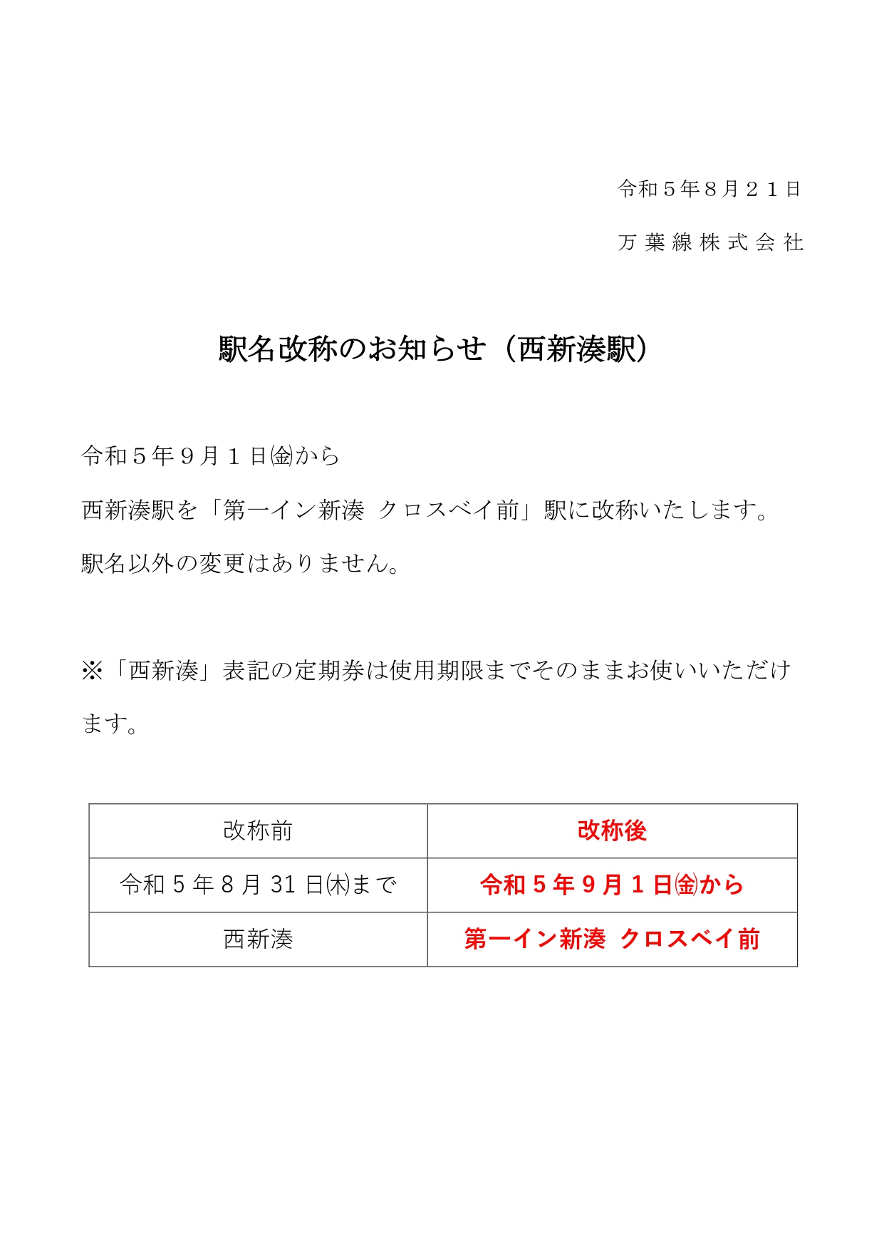 駅名改称のお知らせ