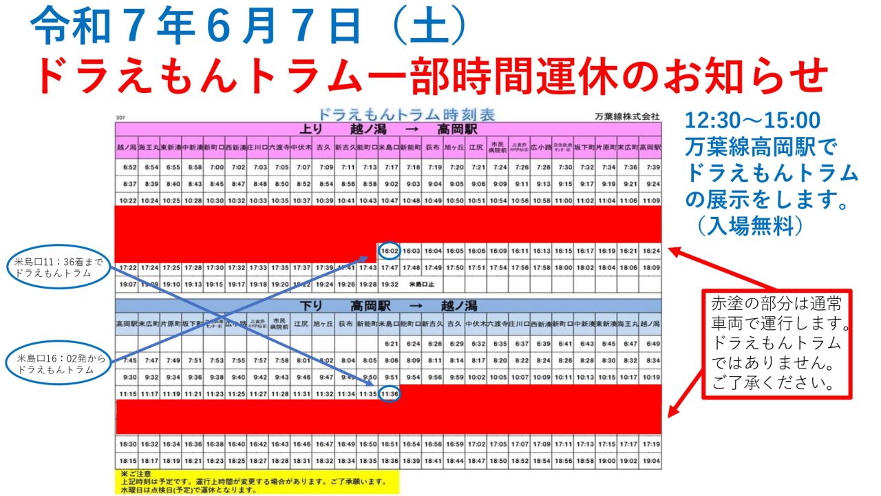 万葉線まつりのドラえもんトラムの運行について