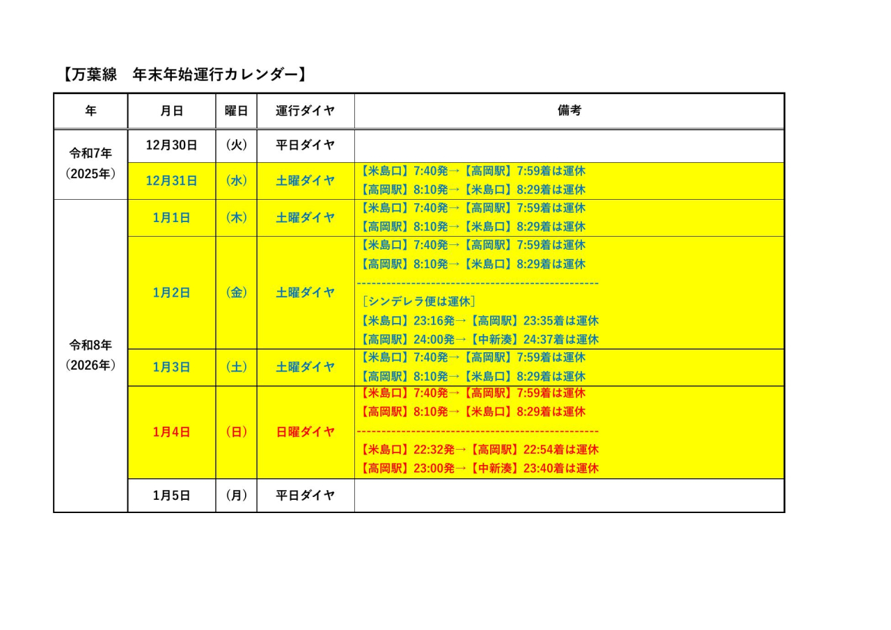 万葉線 年末年始ダイヤのお知らせ
