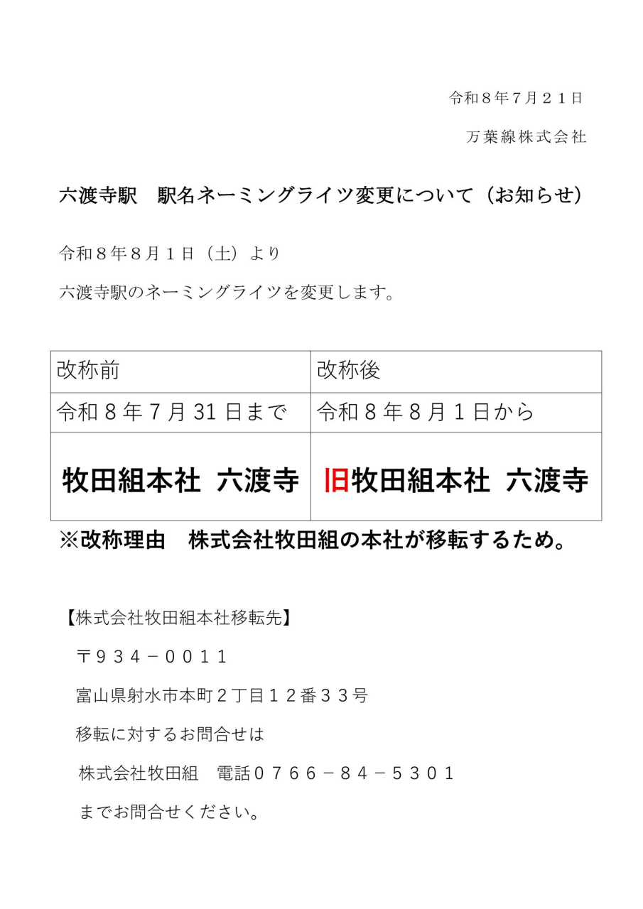 六渡寺駅 駅名ネーミングライツ変更について(お知らせ)